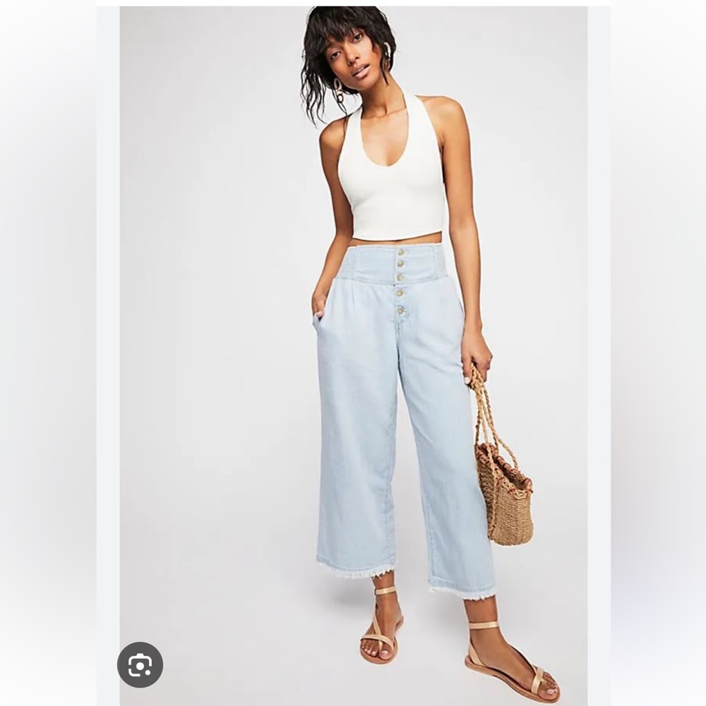 Free People Light Wash Wide-Leg Button-Front Jeans